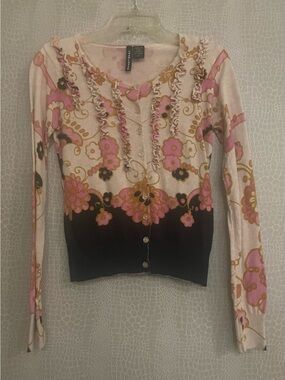 Charlotte Pink, Black & Gold Floral Ruffle-Trim Cardigan Sweater
